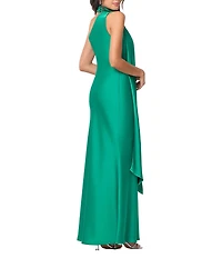 Betsy & Adam Asymmetrical Neck Sash Satin Gown