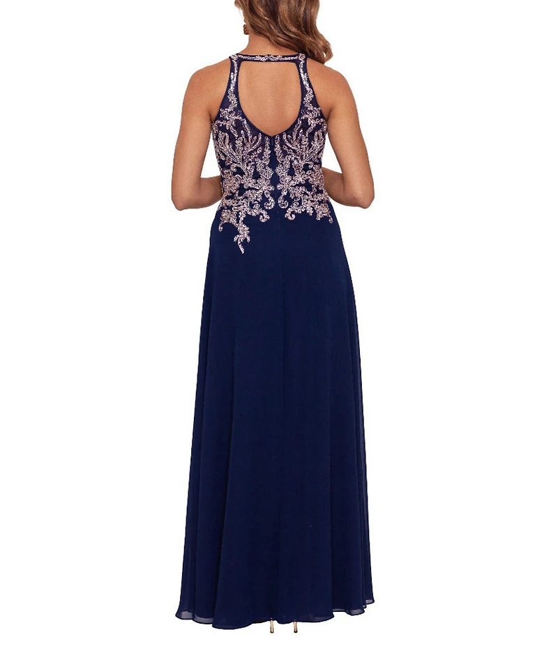 Betsy & Adam Beaded Embroidery Chiffon Halter Neck Keyhole Back Detail Sleeveless Gown