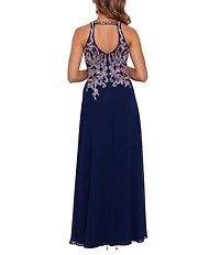 Betsy & Adam Beaded Embroidery Chiffon Halter Neck Keyhole Back Detail Sleeveless Gown