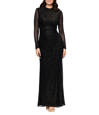 Betsy & Adam Burnout Velvet Sheer Long Sleeve Dress