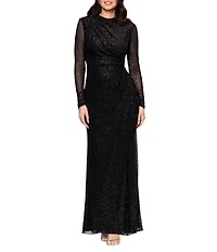 Betsy & Adam Burnout Velvet Sheer Long Sleeve Dress