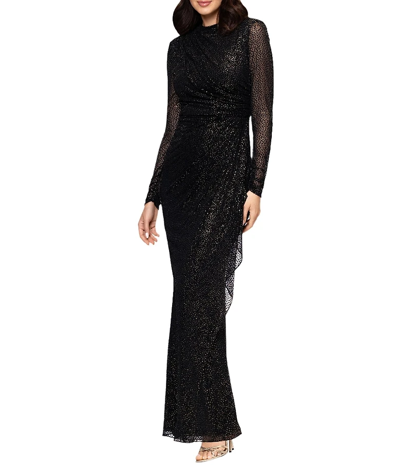Betsy & Adam Burnout Velvet Sheer Long Sleeve Dress
