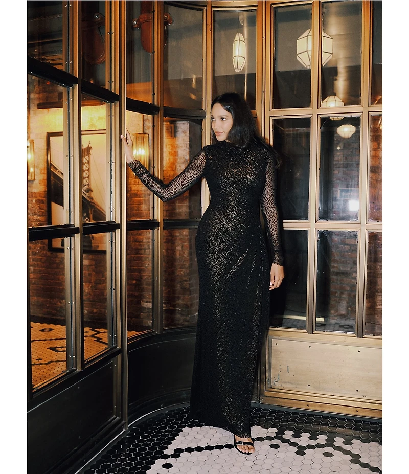 Betsy & Adam Burnout Velvet Sheer Long Sleeve Dress