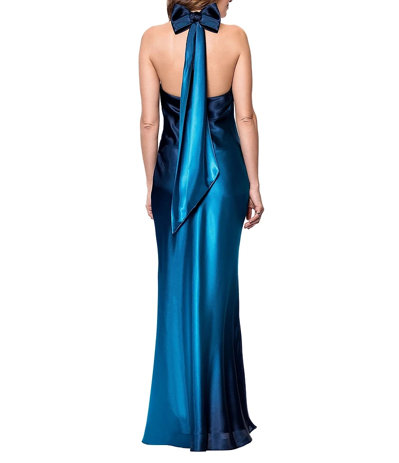 Betsy & Adam Charmeuse Halter Neck Ombre Sleeveless Sheath Gown