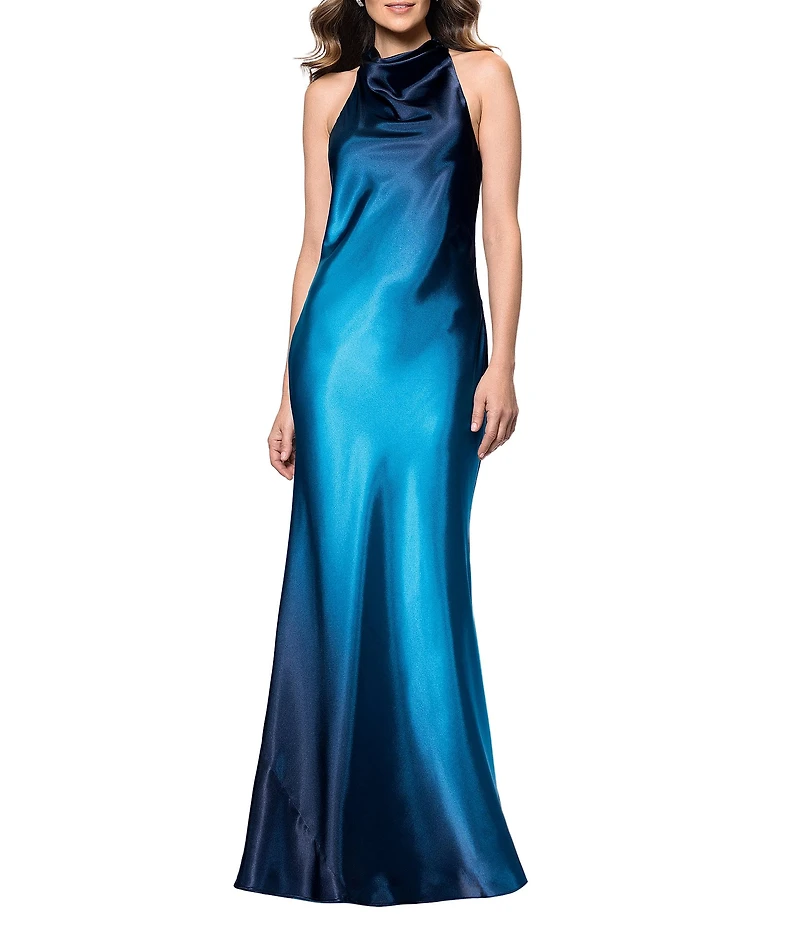 Betsy & Adam Charmeuse Halter Neck Ombre Sleeveless Sheath Gown