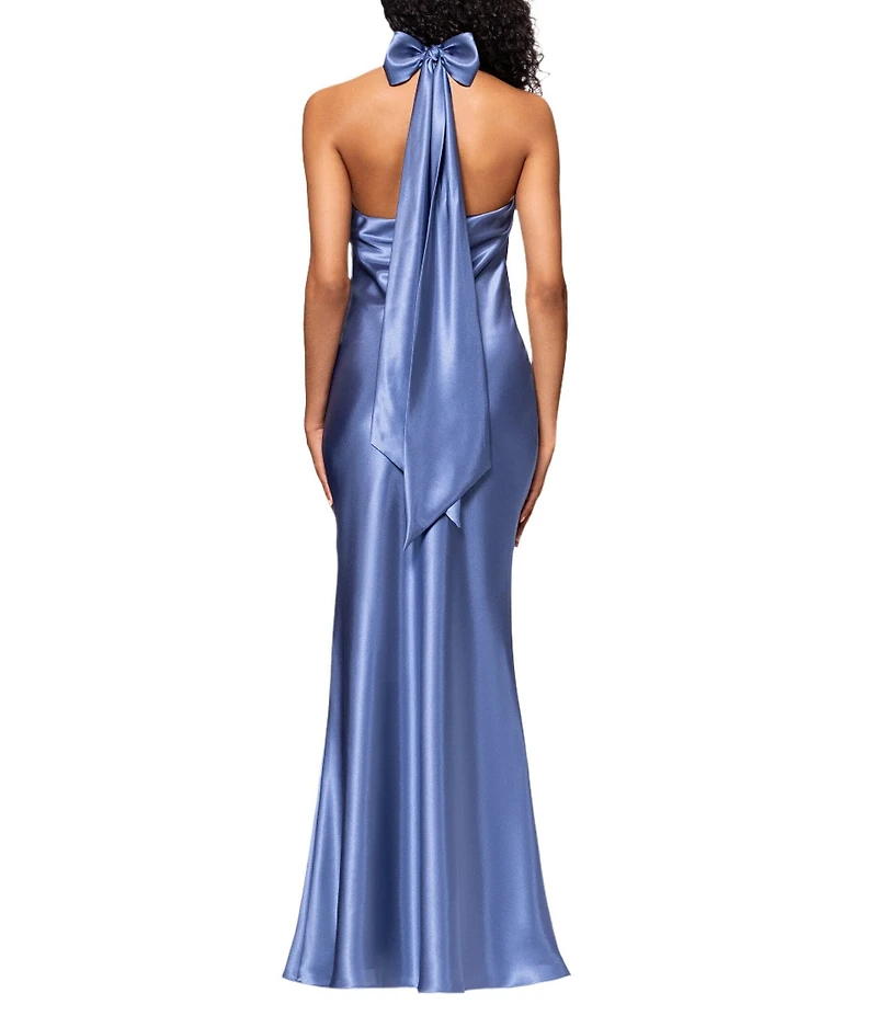Betsy & Adam Charmeuse Halter Neck Sleeveless Back Bow Fit and Flare Gown