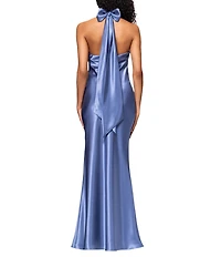 Betsy & Adam Charmeuse Halter Neck Sleeveless Back Bow Fit and Flare Gown