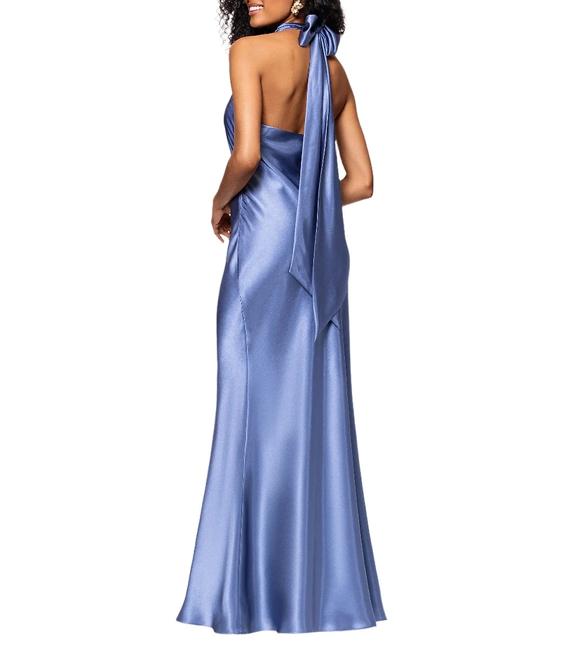 Betsy & Adam Charmeuse Halter Neck Sleeveless Back Bow Fit and Flare Gown