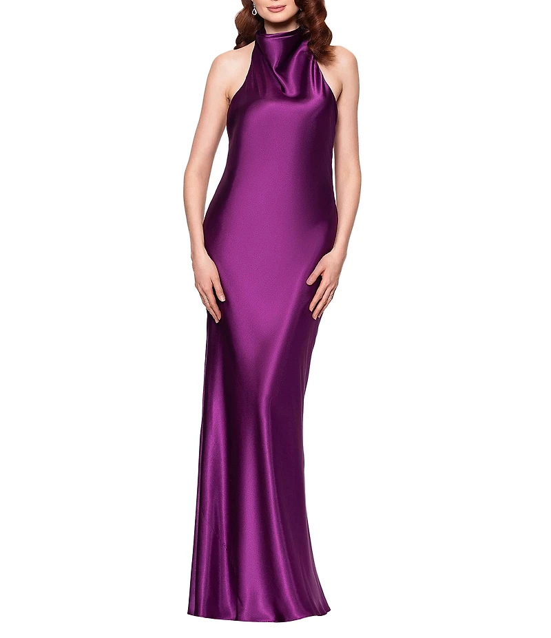 Betsy & Adam Charmeuse Halter Neck Sleeveless Back Bow Fit and Flare Gown
