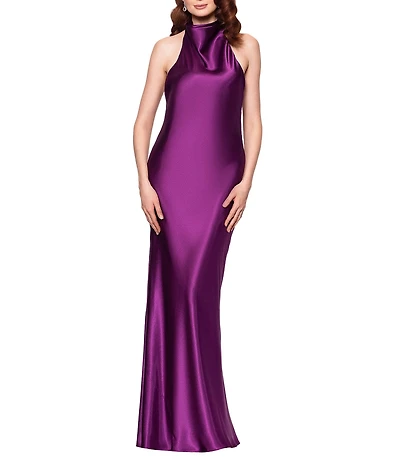 Betsy & Adam Charmeuse Halter Neck Sleeveless Back Bow Fit and Flare Gown