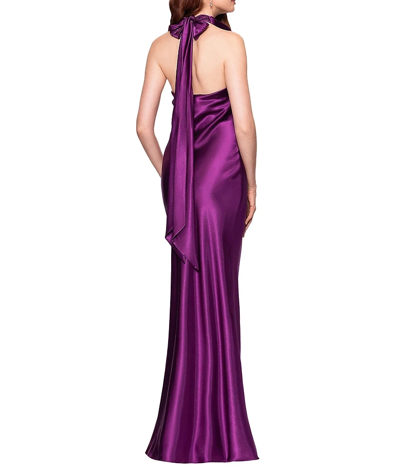 Betsy & Adam Charmeuse Halter Neck Sleeveless Back Bow Fit and Flare Gown