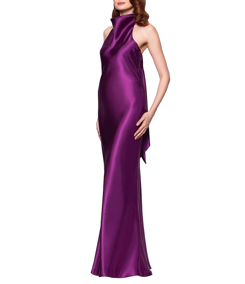 Betsy & Adam Charmeuse Halter Neck Sleeveless Back Bow Fit and Flare Gown