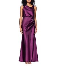 Betsy & Adam Charmeuse Sleeveless Ruched Long Dress