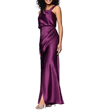 Betsy & Adam Charmeuse Sleeveless Ruched Long Dress