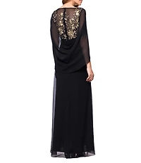 Betsy & Adam Chiffon Boat Neck 3/4 Sleeve Back Cape Sheath Dress