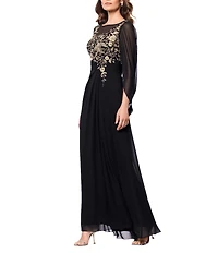 Betsy & Adam Chiffon Boat Neck 3/4 Sleeve Back Cape Sheath Dress