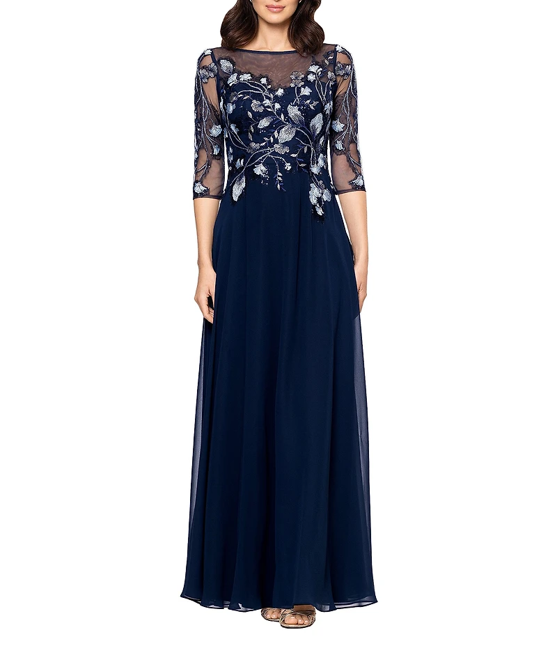 Betsy & Adam Chiffon Floral Embroidered Illusion Crew Neck 3/4 Sleeve Floral A-Line Dress