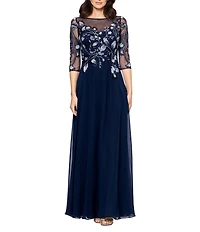 Betsy & Adam Chiffon Floral Embroidered Illusion Crew Neck 3/4 Sleeve Floral A-Line Dress