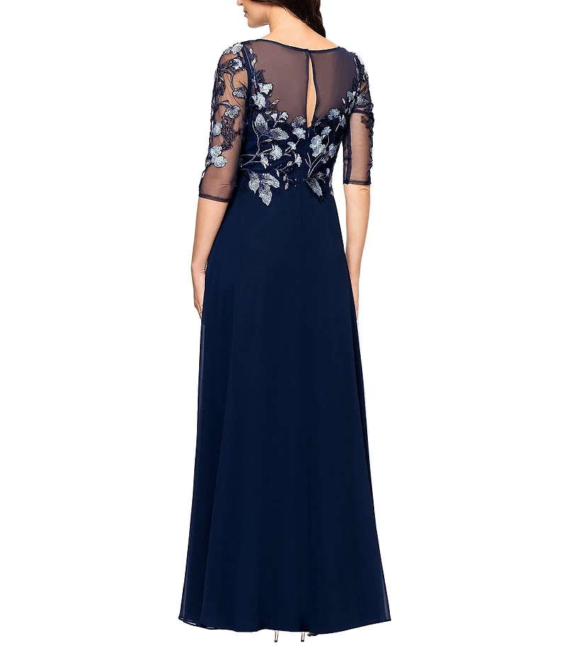 Betsy & Adam Chiffon Floral Embroidered Illusion Crew Neck 3/4 Sleeve Floral A-Line Dress