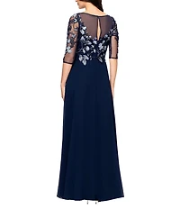 Betsy & Adam Chiffon Floral Embroidered Illusion Crew Neck 3/4 Sleeve Floral A-Line Dress