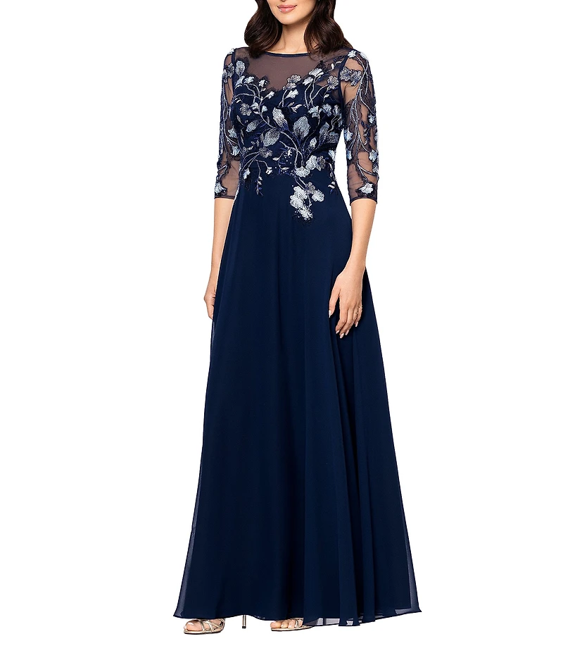 Betsy & Adam Chiffon Floral Embroidered Illusion Crew Neck 3/4 Sleeve Floral A-Line Dress