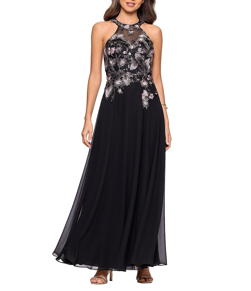 Betsy & Adam Chiffon Floral Embroidered Sleeveless Halter A-Line Dress