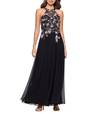 Betsy & Adam Chiffon Floral Embroidered Sleeveless Halter A-Line Dress