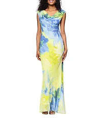 Betsy & Adam Chiffon Floral Print Cowl Neck Sleeveless Sheath Gown