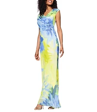 Betsy & Adam Chiffon Floral Print Cowl Neck Sleeveless Sheath Gown
