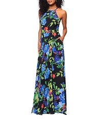 Betsy & Adam Chiffon Floral Print Halter Neck Sleeveless Blouson Gown
