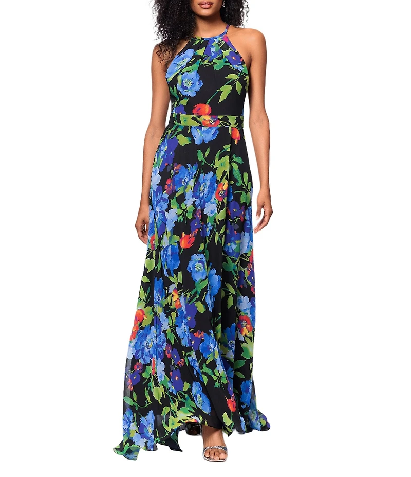 Betsy & Adam Chiffon Floral Print Halter Neck Sleeveless Blouson Gown