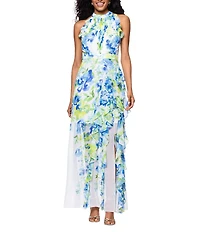 Betsy & Adam Chiffon Floral Print Halter Neck Sleeveless Ruffle Fit and Flare Maxi Dress