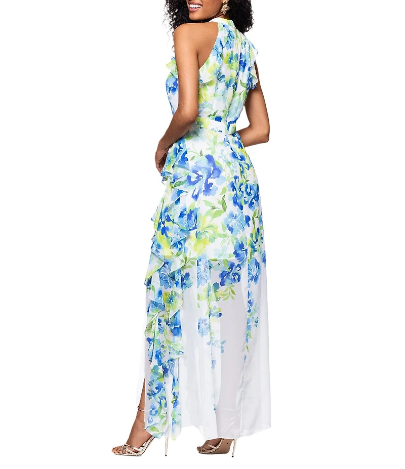Betsy & Adam Chiffon Floral Print Halter Neck Sleeveless Ruffle Fit and Flare Maxi Dress