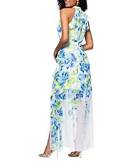 Betsy & Adam Chiffon Floral Print Halter Neck Sleeveless Ruffle Fit and Flare Maxi Dress