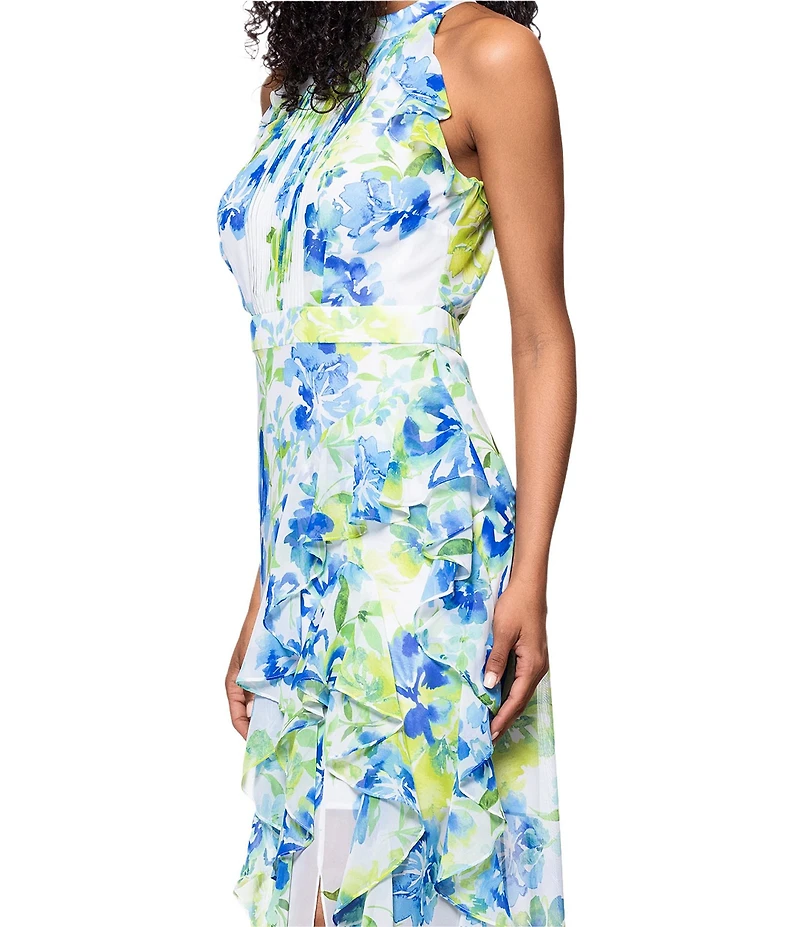 Betsy & Adam Chiffon Floral Print Halter Neck Sleeveless Ruffle Fit and Flare Maxi Dress
