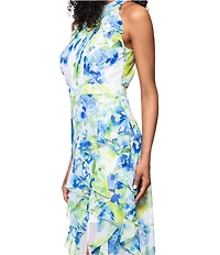 Betsy & Adam Chiffon Floral Print Halter Neck Sleeveless Ruffle Fit and Flare Maxi Dress