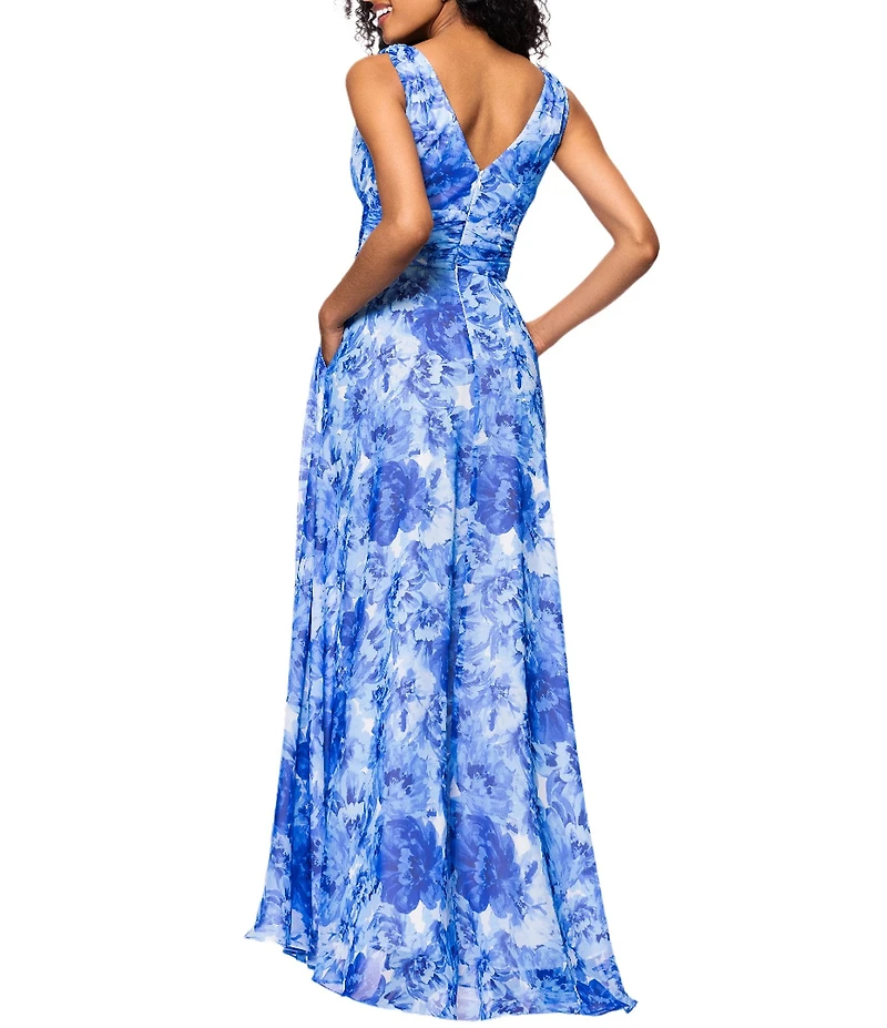 Betsy & Adam Chiffon Floral Print V-Neck Sleeveless A-Line Gown