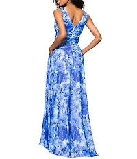 Betsy & Adam Chiffon Floral Print V-Neck Sleeveless A-Line Gown