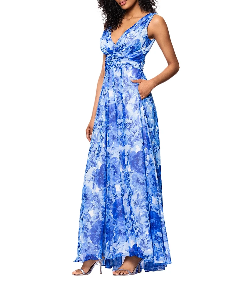 Betsy & Adam Chiffon Floral Print V-Neck Sleeveless A-Line Gown
