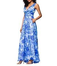Betsy & Adam Chiffon Floral Print V-Neck Sleeveless A-Line Gown