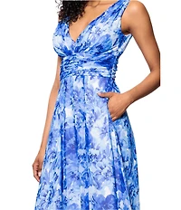 Betsy & Adam Chiffon Floral Print V-Neck Sleeveless A-Line Gown