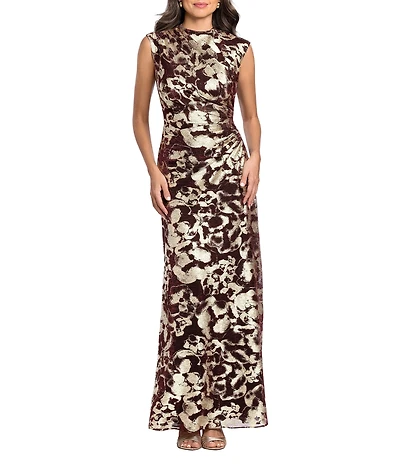 Betsy & Adam Crinkle Metallic Mock Neck Sleeveless A-Line Gown