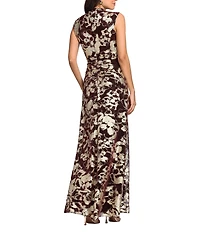Betsy & Adam Crinkle Metallic Mock Neck Sleeveless A-Line Gown