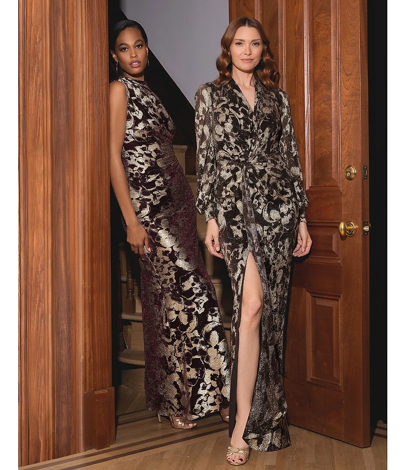 Betsy & Adam Crinkle Metallic Mock Neck Sleeveless A-Line Gown