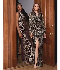 Betsy & Adam Crinkle Metallic Mock Neck Sleeveless A-Line Gown