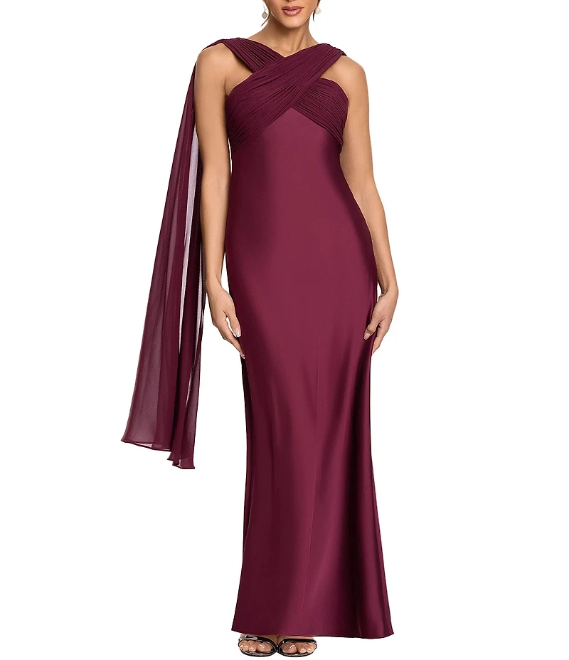Betsy & Adam Cross Neck Chiffon Scarf Satin Dress