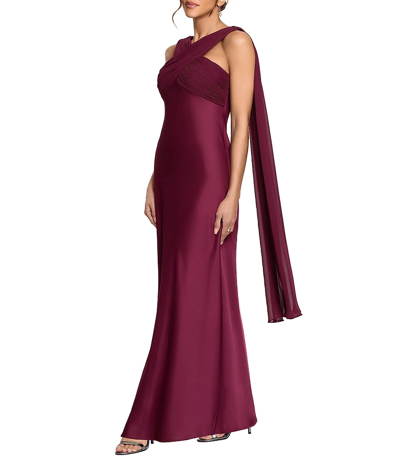 Betsy & Adam Cross Neck Chiffon Scarf Satin Dress