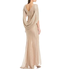 Betsy & Adam Drape Back Detail 3/4 Cape Sleeve Draped Round Neck Metallic Crinkle Ruched Sheath Gown