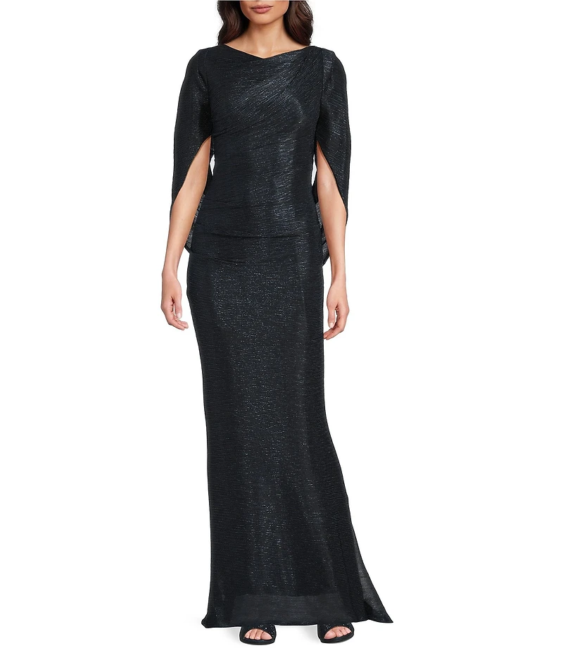 Betsy & Adam Drape Back Detail 3/4 Cape Sleeve Draped Round Neck Metallic Crinkle Ruched Sheath Gown