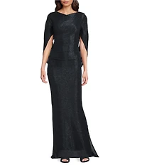 Betsy & Adam Drape Back Detail 3/4 Cape Sleeve Draped Round Neck Metallic Crinkle Ruched Sheath Gown